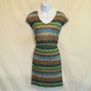 H-71 AGB‎ Green & Brown Short Sleeve Lined MIDI Dress Size 10P